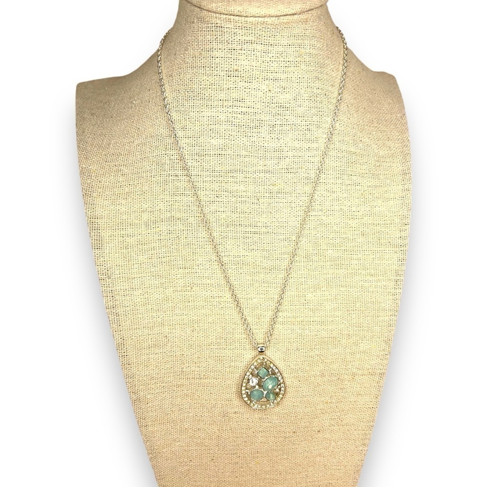 SILVER TEAL GEM NECKLACE TEARDROP PENDANT GLAM